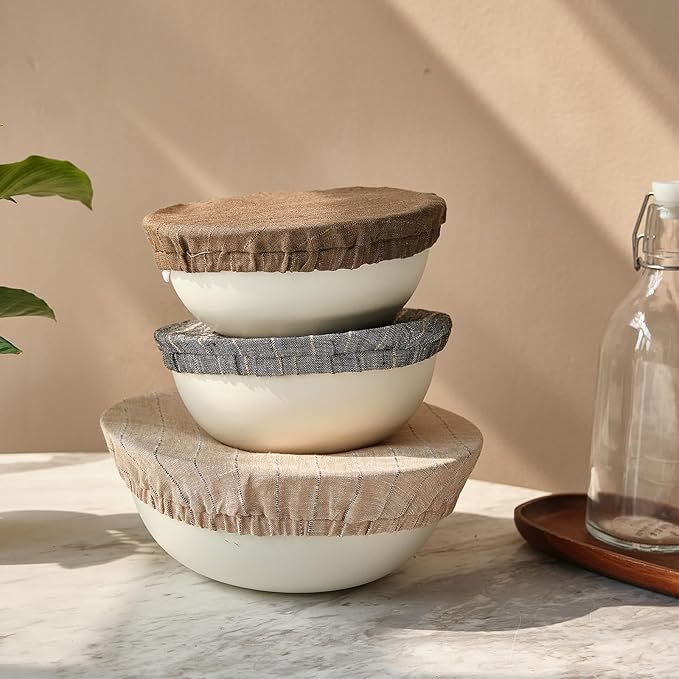 100% Pure Linen Bowl Covers For Bread Proofing, 4 Pcs Elastic Reusable Bowl Covers Large Ticking Striped Cloth Fabric Stretch Sourdough Lids, 6 * 8 * 10 * 12 Inches- Linen
