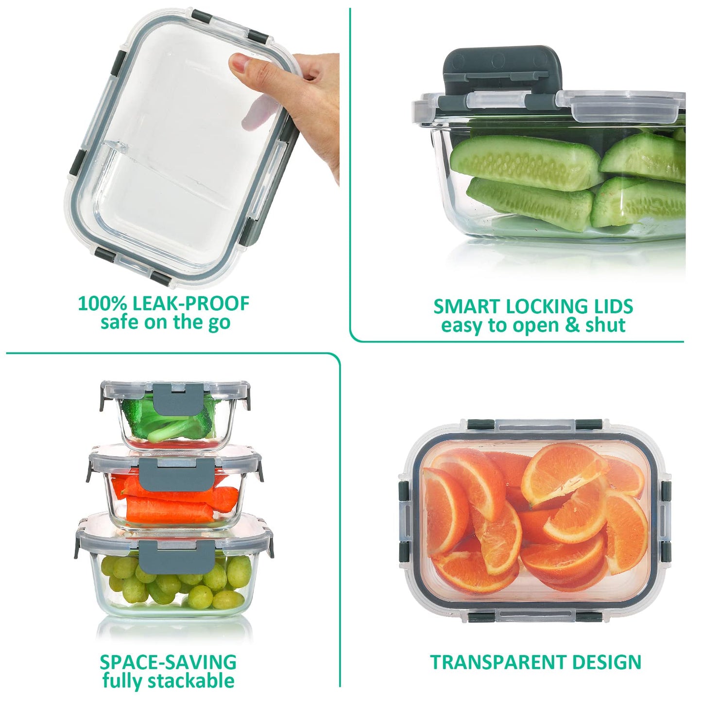 KOMUEE 24 Pieces Glass Food Storage Containers Set,Glass Meal Prep Containers-Stackable Airtight Glass Storage Containers with lids,Freezer, Microwave, Oven Safe,Gray