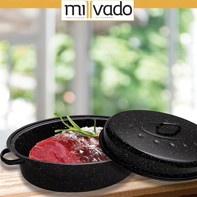 Millvado Roasting Pan With Lid, Thanksgiving Turkey Roaster Pan, Extra Large 20 lb Capacity, 19" Granite Oven Roaster Oval Shaped Speckled Enamel on Steel Cookware,for Roasting Turkey, Chicken, Lamb