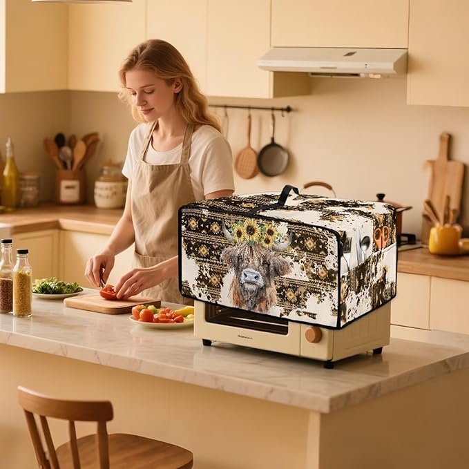 Convection Toaster Oven Cover with Pockets, Easy to Clean, Smart Microwave Baking Oven Dust Cover for Countertop, L, Aztec Highland Cow Sunflower Tribal Pattern