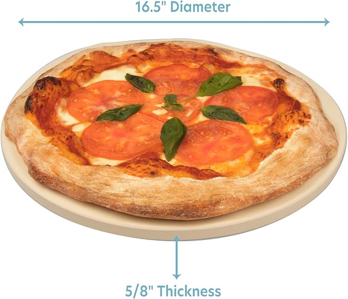 Pizza Stone for Oven, Grill, BBQ - Round 5/8 Inch Extra Thick Baking Stone w Safe Even Heating- XL 16.5" Pan for Crispy Crust, Heavy Duty Cordierite Holds High Temp- Kitchen Essential Must Have Gift