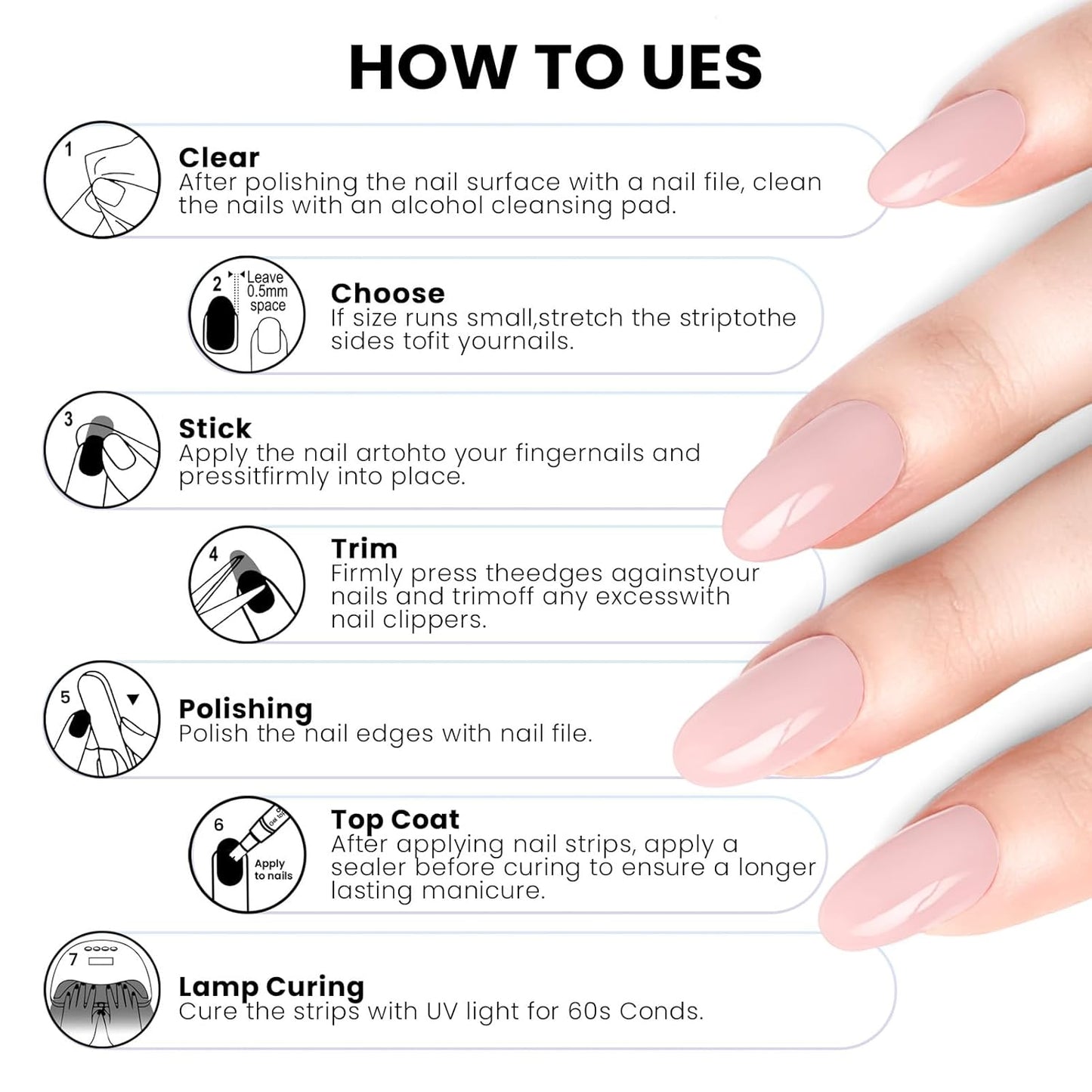 Semi Cured Gel Nail Strips | Built-In Gel Top Coat | UV Light Required | Salon Quality, Easy Application And Removal (Soft lvory Pink)