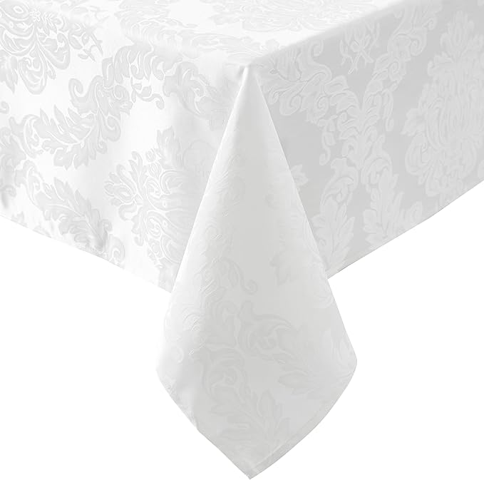 Newbridge Barcelona Luxury Damask Fabric Tablecloth, 70” x 70”, Square, White, 100% Polyester, No Iron, Soil Resistant Dining Room, Party and Banquet Table Cover