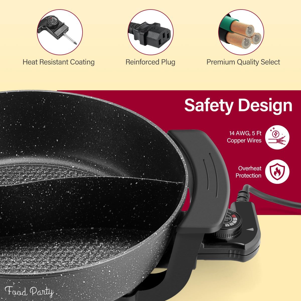 Food Party Electric Hot Pot with Divider Hotpot Pot Electric Hopot Cooker Shabu Shabu Pot 110V 1200W Non-Stick 6-Quart BPA FREE Fondue Chinese Hot Pot