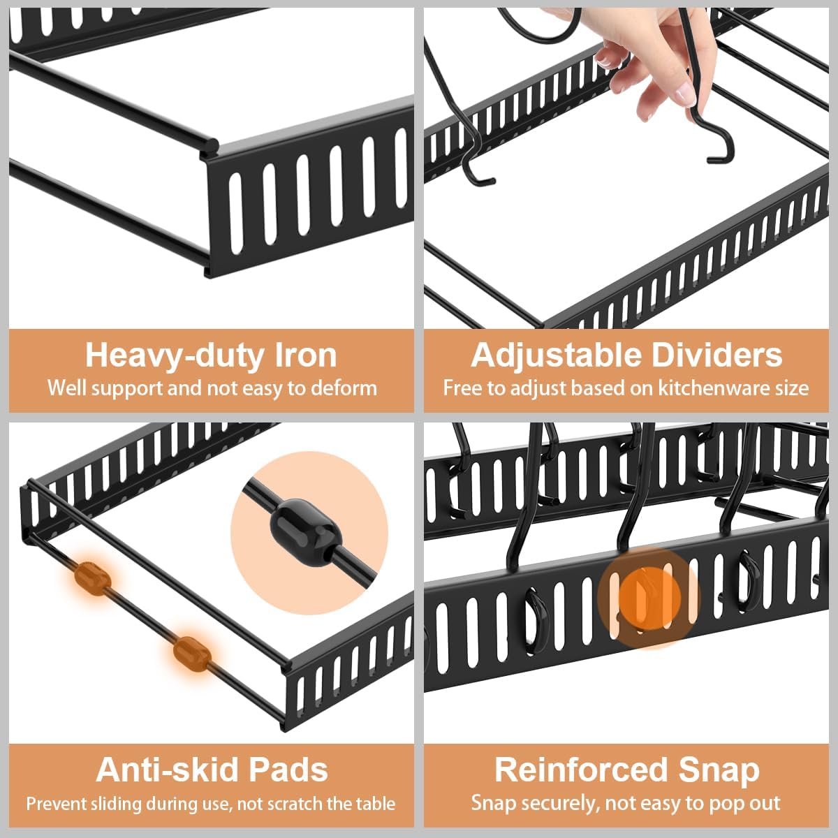 Housolution Pot and Pan Organizer Rack for Cabinet, Expandable Pot Lid Organizer Holder with 14 Adjustable Dividers, Fully Expanded Size 22.83" W x 7.09" D x 7.09" H, Black