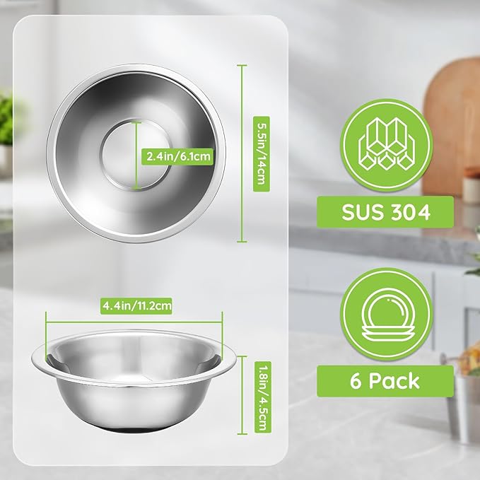 304(18/8) Stainless Steel Mixing Bowls for Kitchen, 6 Pack 5.5" Small Metal Mixing Cooking Bowls Set Stackable for Baking Serving Cooking Food Prep Storage Dishwasher Safe Lightweight