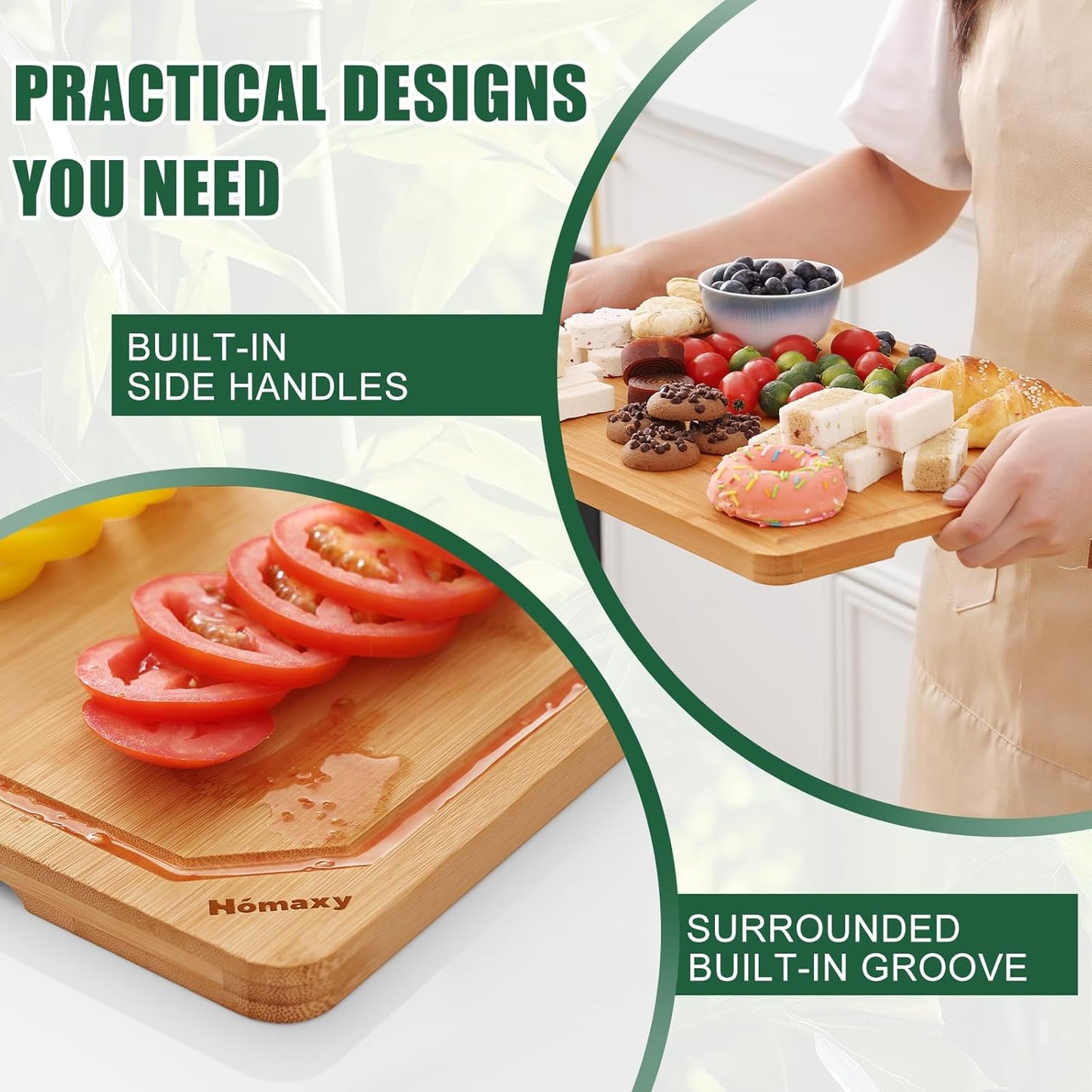 Homaxy Organic Bamboo Cutting Boards Set for Kitchen Set of 2, Wooden Cutting Board Set with Juice Groove and Handles, Charcuterie Serving Tray Wood Chopping Board Set for Meat Fruits & Vegetables