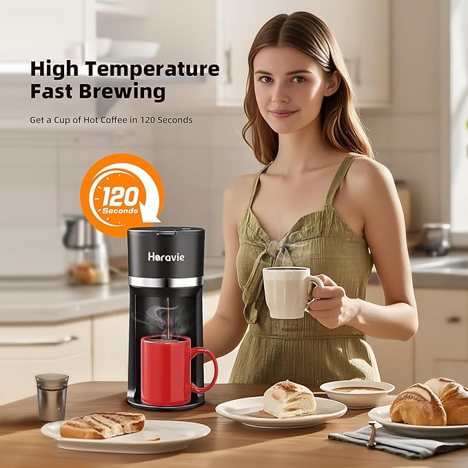 Horavie Mini Single Serve Coffee Maker for K Cup and Ground Coffee, Fast Brew One Cup Coffee Machine with Descaling Reminder and Water Window, 6 to 12 oz. Brew Sizes, Black