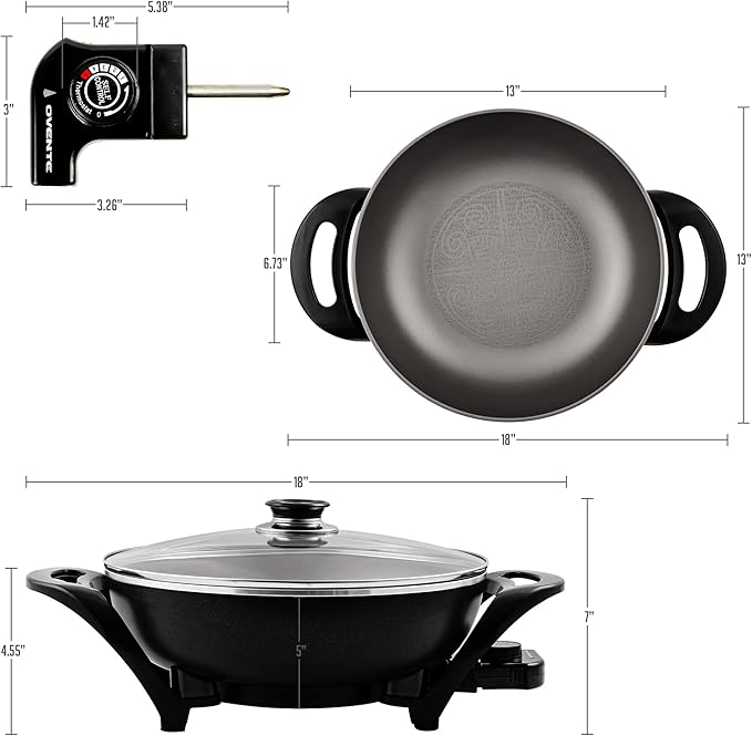 OVENTE Electric Wok with Nonstick Coating, 13 Inch Family-Sized Skillet, 1400W Power, Adjustable Temperature, Tempered Glass Lid, Cool Touch Handles and Easy to Clean Frying Surface, Black SK3113B