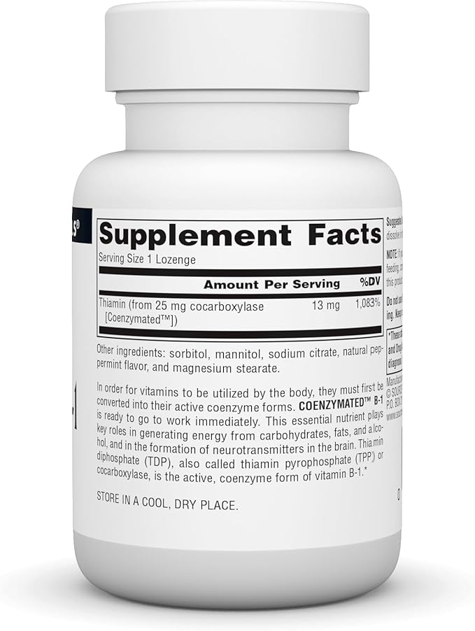 Source Naturals Coenzymated B-1 25mg Fast Acting Thiamin Cocarboxylase Quick-Dissolve - 60 Lozenges