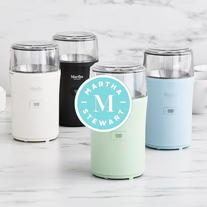 Martha Stewart Electric Coffee & Spice Grinder, Dual 2.5oz Removable Bowls, Storage Lids, Stainless Steel Blades, One Touch Pulse Control, 2-in-1 Compact, Beans & Spices, Herbs & Nuts, Indigo Blue