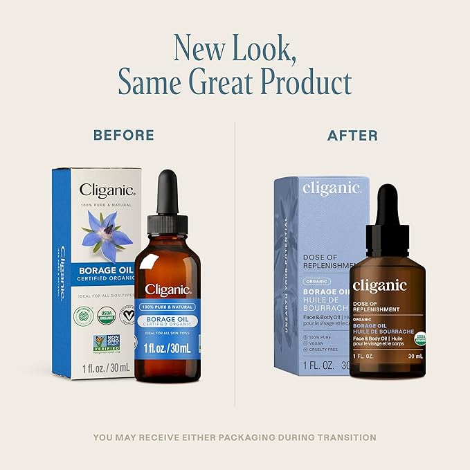 Cliganic Organic Borage Seed Oil for Face, 100% Pure (1oz) - Natural Non-GMO Cold Pressed (Packaging May Vary)