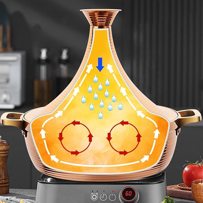 Moroccan Tagine Cooking Pot,Stainless Steel Non Stick Moroccan Casserole with 2 Handles,Large Moroccan Cooker Handmade Tagine Pot with Cone-Shaped Lid(22cm, Silver)