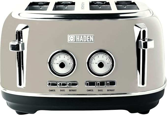 Haden Dorset 4 Slice Wide Slot Stainless Steel Toaster with Adjustable Browning Control & Non-Slip Feet, Putty & Chrome