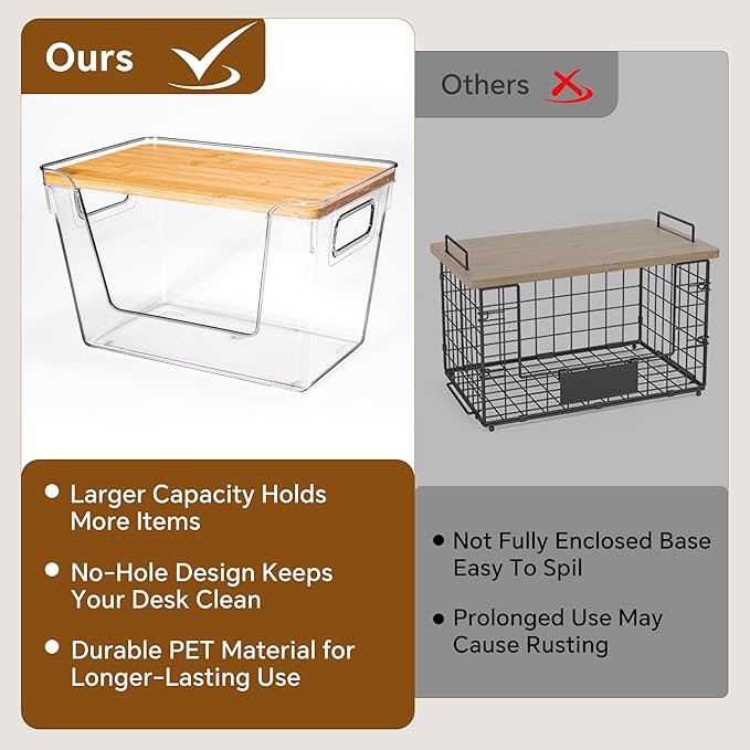 Criusia 4 Set Pantry Organizers and Storage with Bamboo Lids, Stackable Clear Bins for Onion, Potato, Fruit, Vegetables, Trash Bag Dispenser, Kitchen and Under Sink Organizer