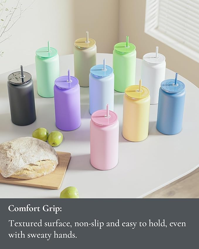 Glass Cups With Lids and Straws, 16oz Stainless Steel Beer and Iced Coffee Cup, Smoothie Drinking Cup, Light Blue (Textured Matte Finish, Not Sublimatable)