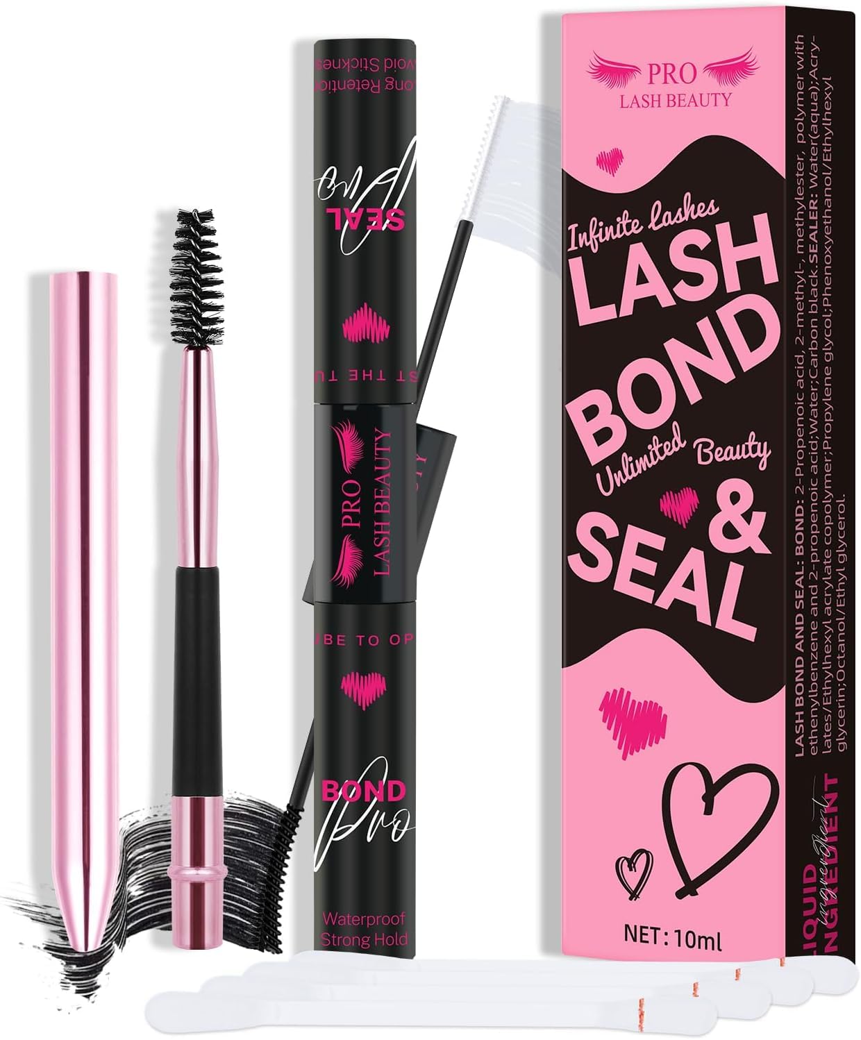 Lash Bond and Seal Cluster Lash Glue & Seal Waterproof Bond and Seal Cluster Lash Glue for DIY Eyelash Extensions Waterproof Strong Hold (5ml+5ml, Black Bond & Clear Seal)