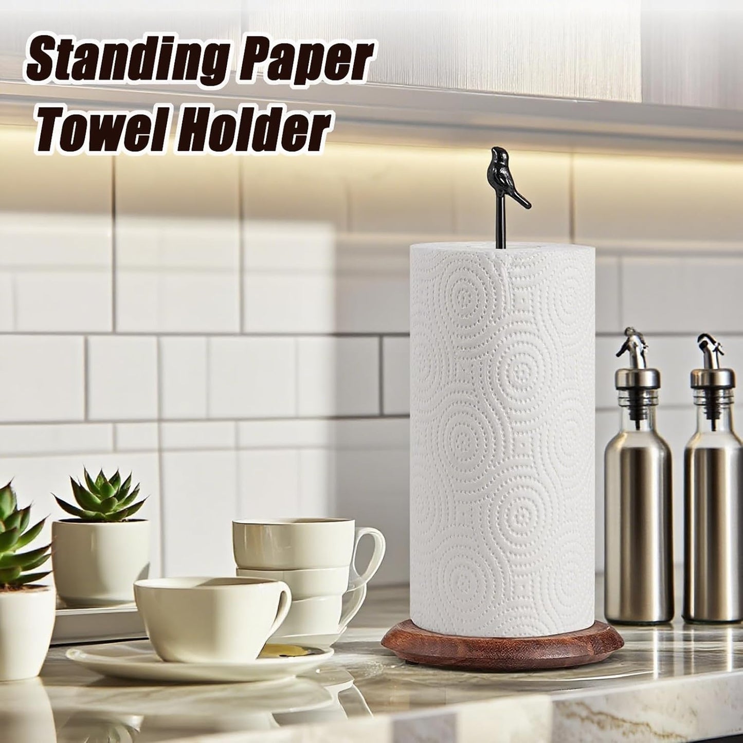 Wooden Cute Bird Shaped Countertop Paper Towel Holder, Solid Wood Base with Iron Rod, with Non-Slip Pad, Stable and Durable, Suitable for Kitchen, Dining Table and Home Decoration (Black-3)