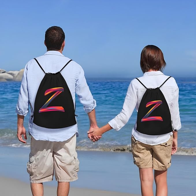 Drawstring Bags Initial Drawstring Backpack Sackpack Black Draw String Cinch Bags for Sports, Gym, Travel, Swimming, Beach, Camping, Rainbow Letter Z