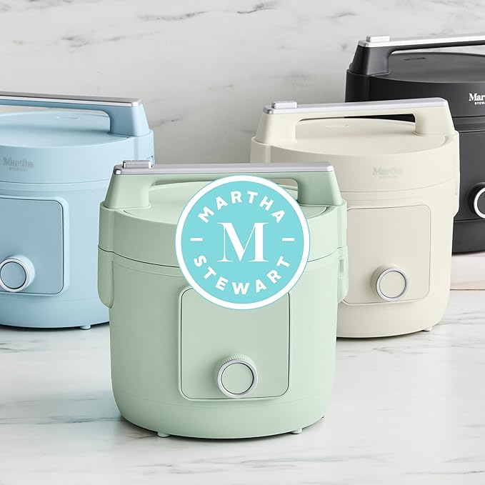 Martha Stewart Rice Cooker, 4 Cup (Uncooked) / 8 Cup (Cooked), Ceramic Non-Stick Removable Pot, Keep Warm, Measure Markings, Steam Basket, Brown & Sushi Rice, Quick Cook, Quinoa, Grains, Oats, Honeydew Green