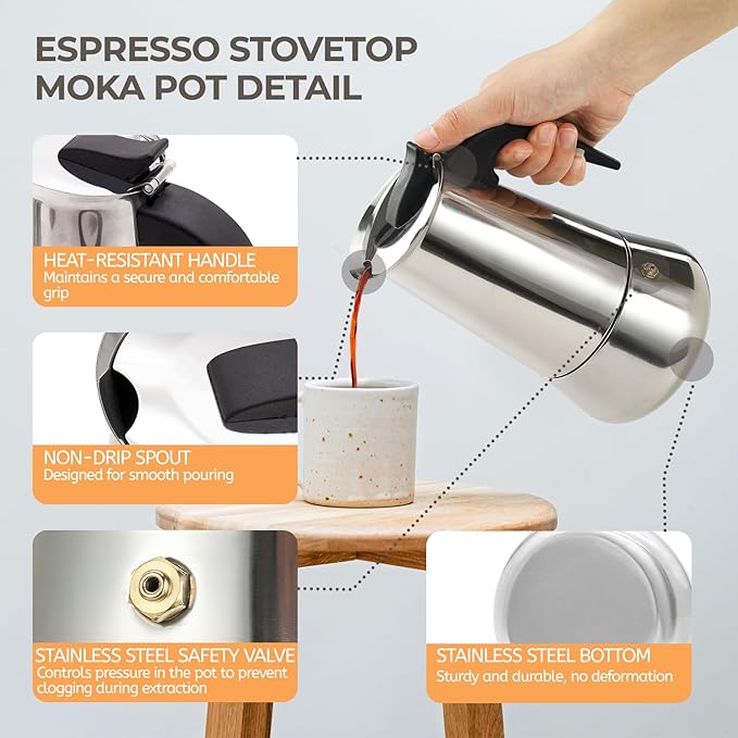 4 Cup 200ml Moka Pot Stainless Steel Espresso Coffee Maker Stovetop Coffeemaker Italian Classic Style Brewing Greca Cafe Mocha Machine for Cafeteras Lover Camping Travel and Home Use 6.6oz
