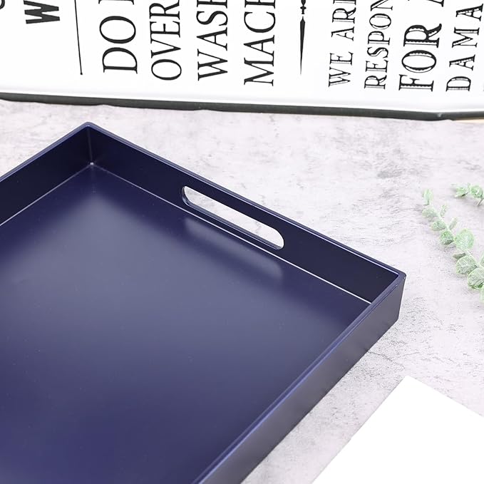 Navy Blue Serving Tray for Coffee Table, Rectangular Plastic Decorative Tray with Handles for Entertaining, Outdoor Patio, Living Room, Ottoman, Bathroom Counter, 11.8”*15.7”*1.6”
