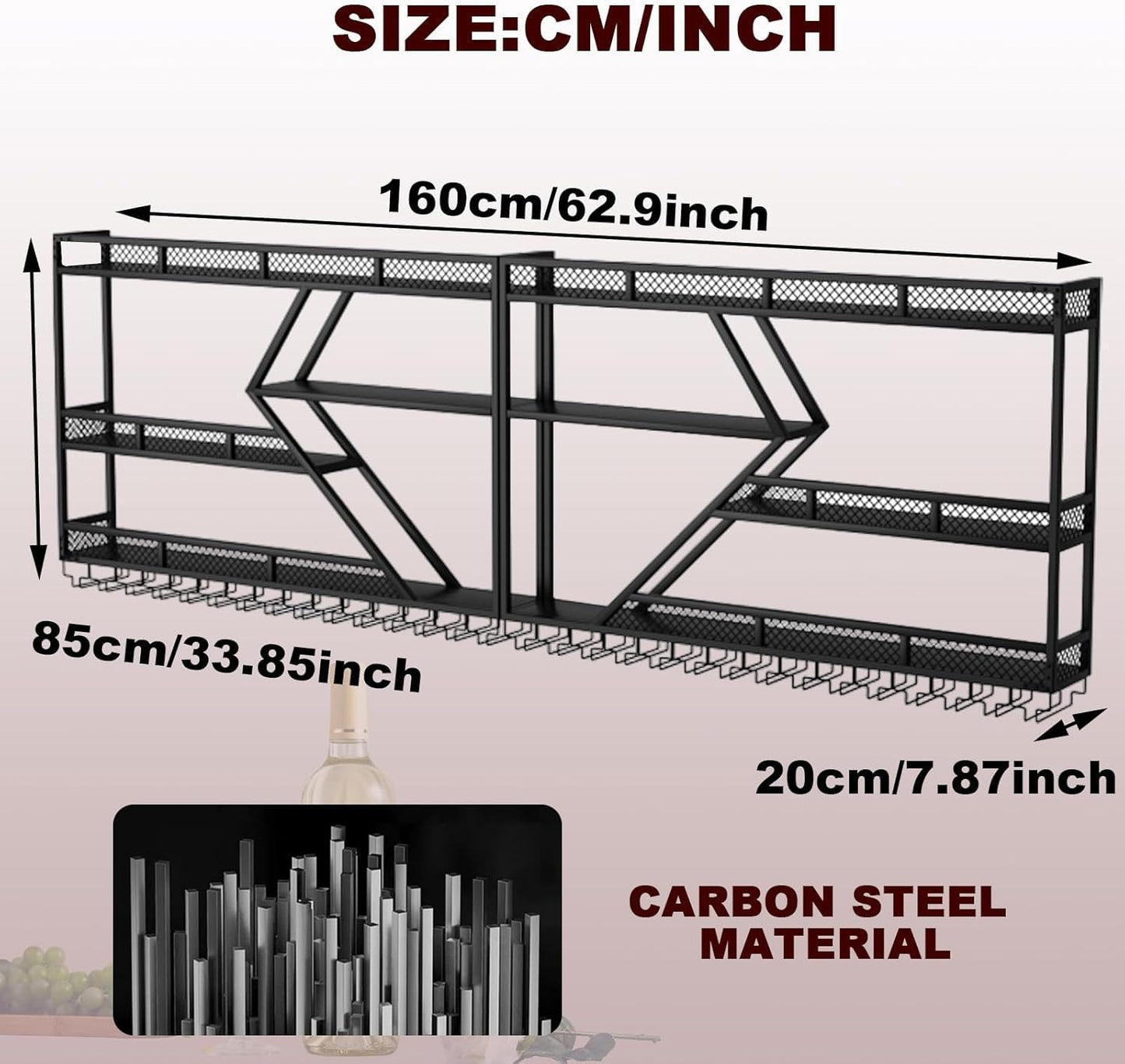 78.7in Metal Wine Rack Wall Mounted, Modern Wine Storage Rack Wall Mounted with Wine Glass Holder, Liquor Shelf, Bar Shelves for Liquor Bottles (3TIERS Black, 78.7 * 7.87 * 33.85INCH)
