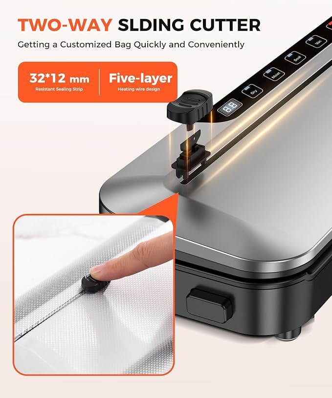 Vacuum Sealer Machine 75KPa Food with 6-in-1 Dry/Moist Modes & Digital Timer, Compact Lightweight Design, Built-in Cutter + 10 Bags (Black Silver)