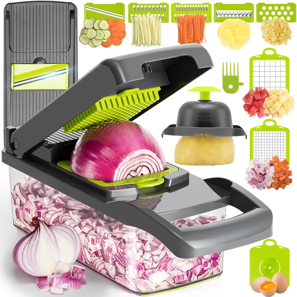 Multi-Function Vegetable Chopper Onion Micer Chopper 12 in 1 Pro Veggie Slicer Dicer Cutter with Container for Potatoes, Tomatoes, Zucchini, Garlic, Eggs, Cucumbers