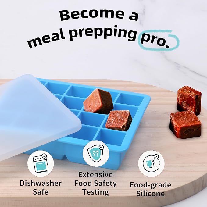 1/2-Cup & 2 Tbsp & 1 Tbsp Silicone Freezer Molds - Perfect for Storing Garlic, Herbs, Ginger, Pesto, Tomato Paste, Freezing Soup,Stews,Sauces,Purees and More - Silicone Food Freezer Tray(Blue 6 Pack)