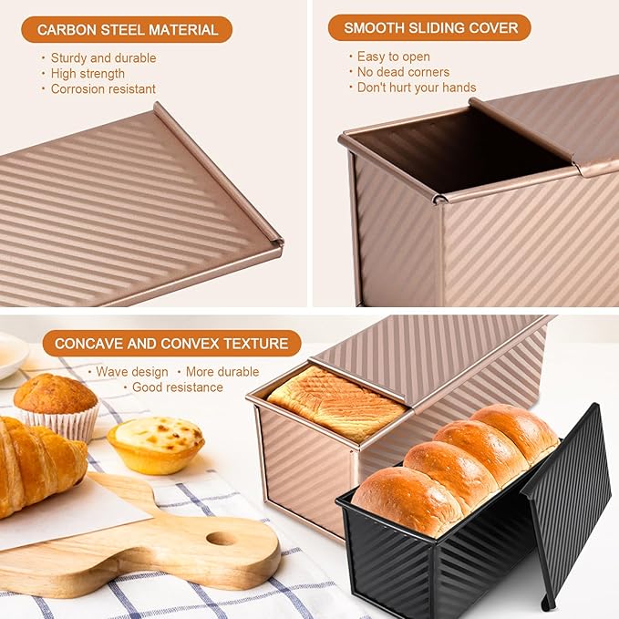 2Pack Pullman Loaf Pans with Lids – 2.2 LB & 1 LB Dough Capacity, Non-Stick Carbon Steel Bread Pans for Homemade Sandwich and Sourdough Bread, Corrugated Toast Mold