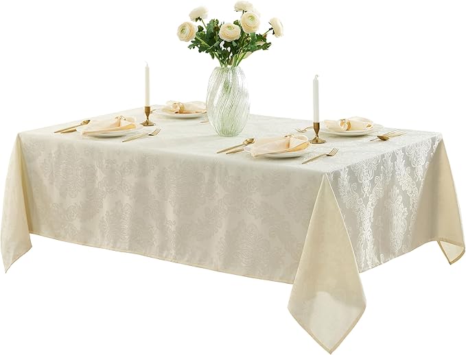 Newbridge Barcelona Luxury Damask Fabric Tablecloth, 70” Extra Wide x 144” Rectangle, Antique White, 100% Polyester, No Iron, Soil Resistant Dining Room, Party and Banquet Table Cover
