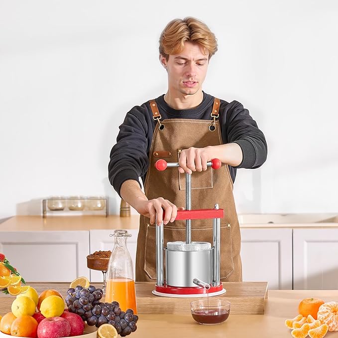 VEVOR 0.44 Gal/1.65L Fruit Wine Press, 2 Stainless Steel Barrels, Manual Juice Maker, Cider Apple Grape Tincture Honey Olive Oil Making Press with T-Handle for Outdoor Kitchen Home