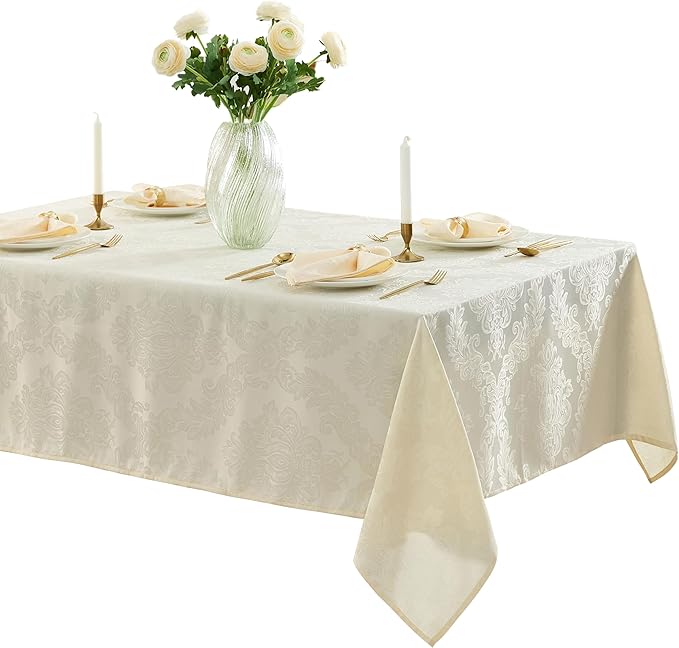 Newbridge Barcelona Luxury Damask Fabric Tablecloth, 70” Extra Wide x 144” Rectangle, Antique White, 100% Polyester, No Iron, Soil Resistant Dining Room, Party and Banquet Table Cover