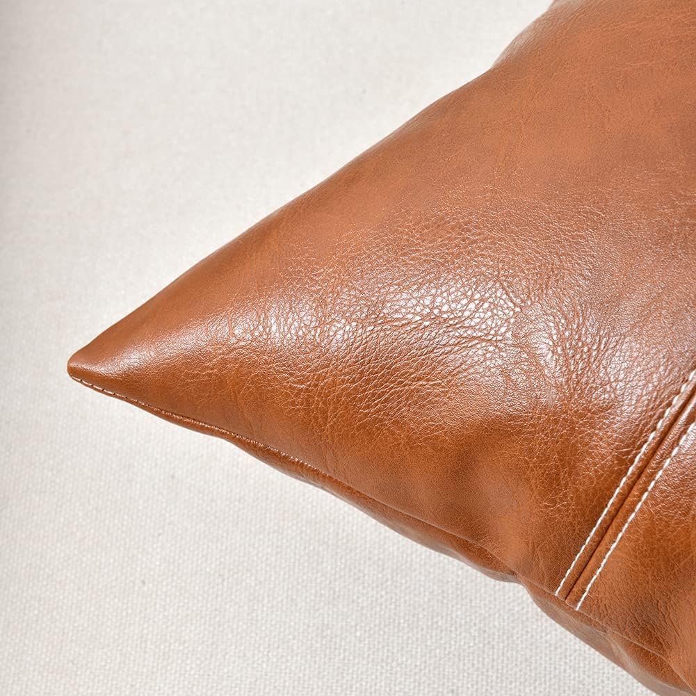 Fancy Homi Brown Boho Long Lumbar Faux Leather Decorative Throw Pillow Covers 12x24 Inch for Living Room Couch Bed Sofa, Hand Stitched Rectangle Cushion Case, Rustic Modern Farmhouse Home Decor