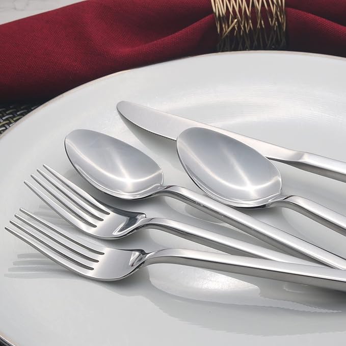 Alata Cube 65-Piece Forged Stainless Steel Flatware Set Cutlery Set with Utensil-Serving Set, Silverware Set Service for 12, Mirror Finish, Dishwasher Safe