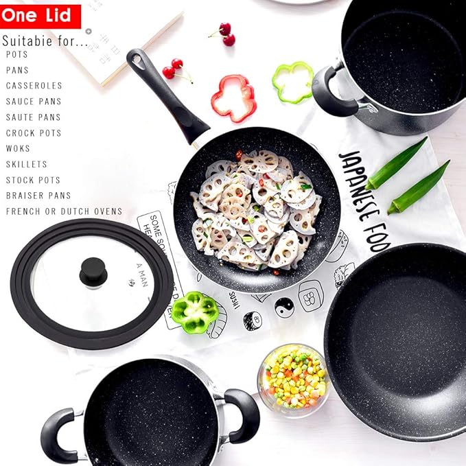 Universal Lid for Pots,Pans and Skillets - Tempered Glass with Heat Resistant Silicone Rim Fits 8", 8.5" and 9.5" Diameter Cookware,Black