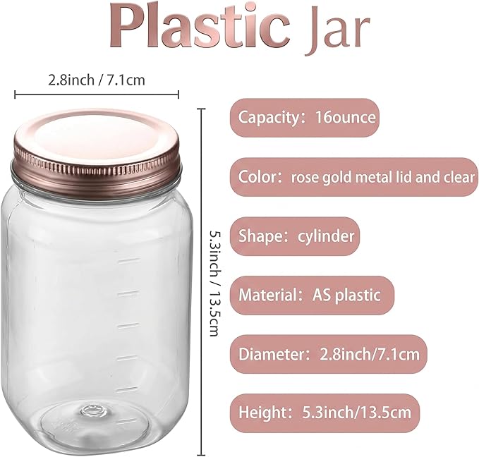 novelinks 16 oz Clear Plastic Jars with Lids, Refillable 16oz Mason Jars with Lids & Storage Containers for Kitchen & Household Use (5 Pack,Rose Gold)