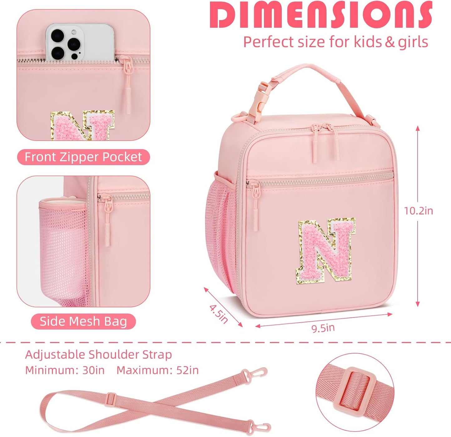Initial Insulated Lunch Bag for Girls Kids, Back to School Gift, Reusable Leak-proof Lunch Box with Adjustable Strap for School Daycare Travel Picnic (Pink,N)