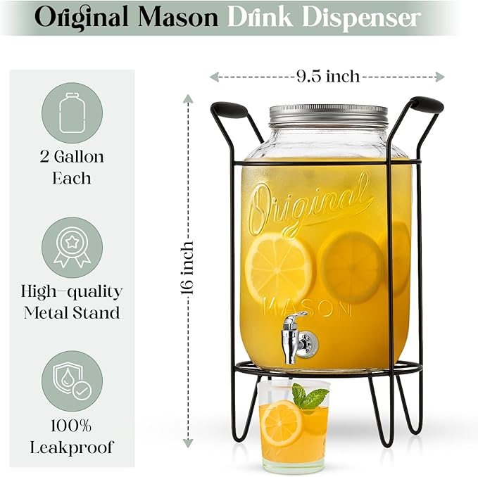 2 PACK-2 GALLON Drink Dispensers for Parties, Drink Dispensers for Parties, Original Mason Beverage Dispensers with Stand, Glass Water Jug Dispenser, 100% Leakproof Spigot Perfect For And Daily Use