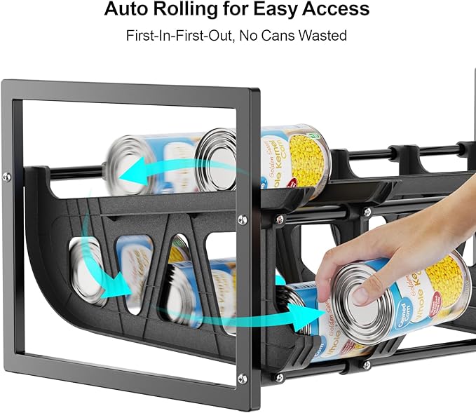 iSPECLE Expandable Can Organizer for Pantry, Large Capacity 60 Cans Can Storage Organizer Pantry Rack, Auto Rolling Dispenser & Stackable Metal Wire Holder for Deep Pantry Shelves, Black