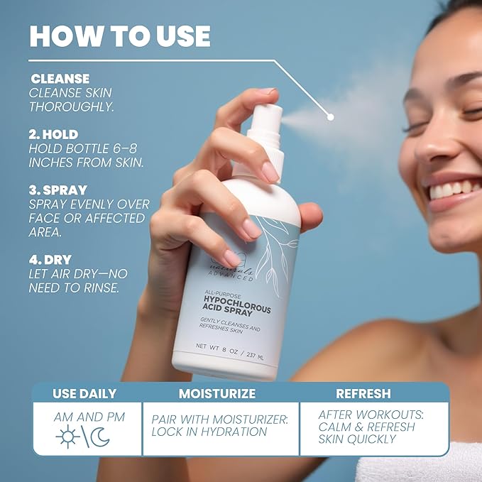 Hypochlorous Acid Spray for Face, Skin, and Body – HOCl Facial Mist Toner, Hydrating Cleanser for Acne, Eczema, Rosacea, Eyelids, Pets, Workout, Baby, Back, Redness, Sensitive Care Spray - 8 oz.