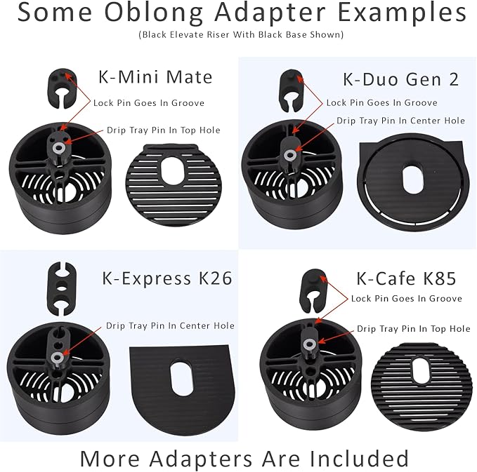 Elevate Anti-Splash Cup Riser Accessory for most Keurig K-cup, Cuisinart Single Serve, and other Coffee Makers, Adjustable for Cup Size and Drip Tray Type (Black with Dark Gray).