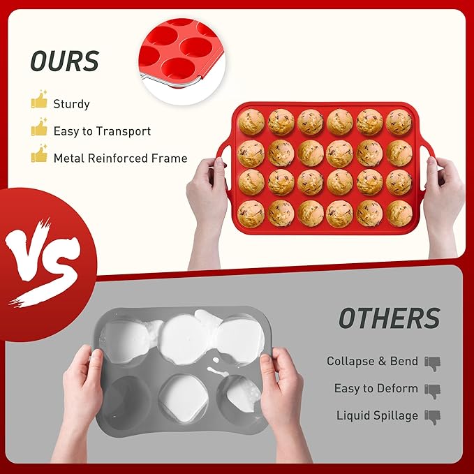 2 Packs 24 Cups Silicone Muffin Pan with Metal Reinforced Frame Mini Size Cupcake Pan Tray Egg Bites Silicone Circle Cookie Molds Muffin Tin Tart Pans Baking Sheet Set for Breakfast Sandwiches