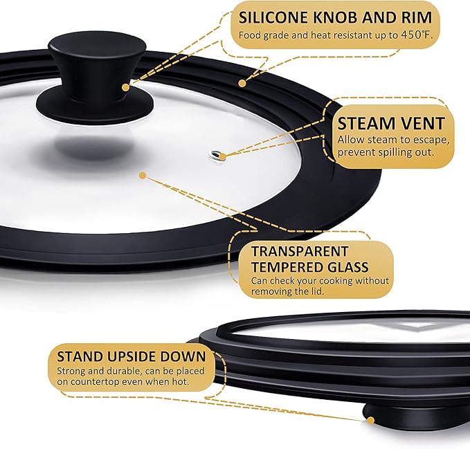 Ydeapi Universal Lid for Pots, Pans and Skillets, Pot Lid With Heat Resistant Silicone Rim and Tempered Glass,Fits 10", 11", 12" Diameter Pots and Pans