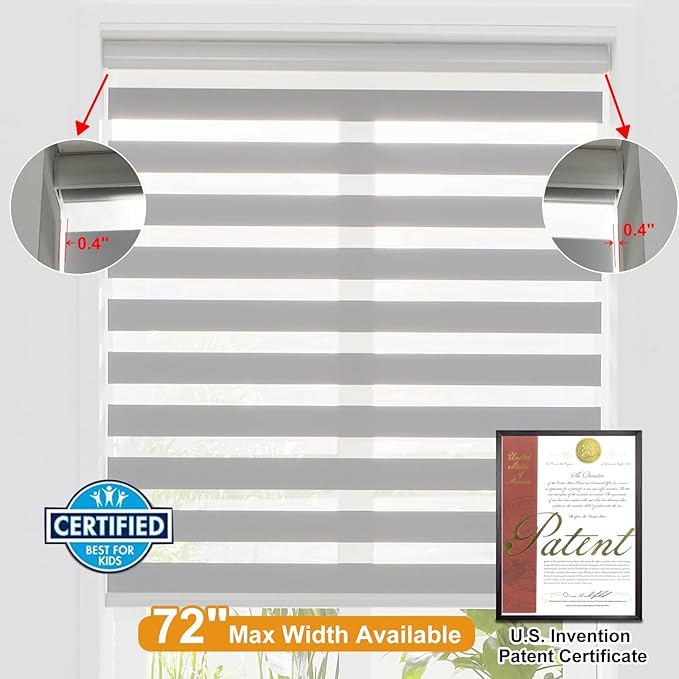 Persilux Cordless Zebra Blinds for Windows Free-Stop Roller Shades (71" W X 72" H, Grey) Dual Layer Light Cintrol for Day and Night, Light Filtering Sheer Shades for Home, Easy to Install