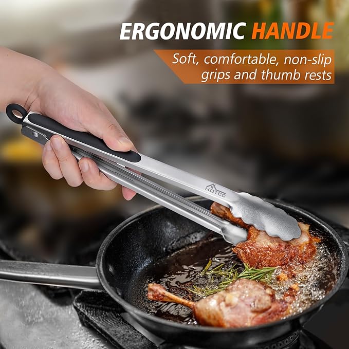 Hotec Stainless Steel Kitchen Tongs Set of 2 - 9" and 12", Locking Metal Food Tongs Non-Slip Grip