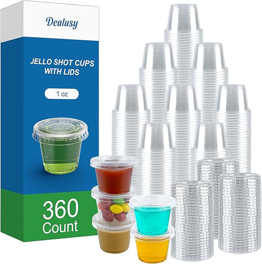 360 Set 1 oz Jello Shot Cups with Lids, Sturdy & Food Safe Disposable Plastic Portion Condiment Dipping Sauce Cups, Small Containers for Salad Dressing