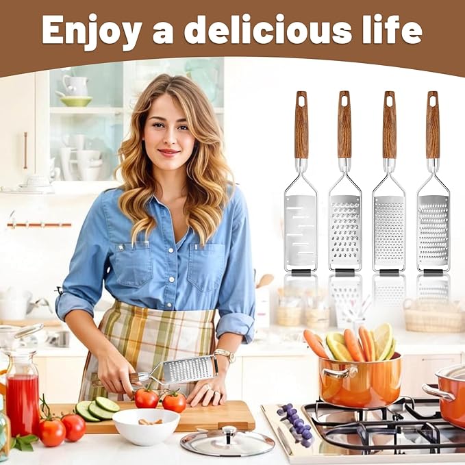 SHIKORI Stainless Steel Cheese Grater with Natural Wood Handle for Parmesan Cheese Lemon, Ginger, Cheese, Nutmeg, Potato, Chocolate and Garlic, With Protective Cover-Filaments