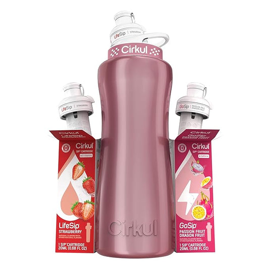 Cirkul 32oz. Rose Gold Stainless Steel Water Bottle Starter Kit with Rose Gold Lid and 2 Flavor Cartridges (1 LifeSip Strawberry, 1 GoSip Passion Fruit Dragon Fruit) No Sugar, Zero Calorie Drink Mix
